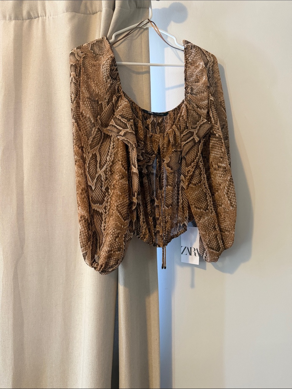 Zara Brown Snake-Print Drawstring Puff Sleeve Top